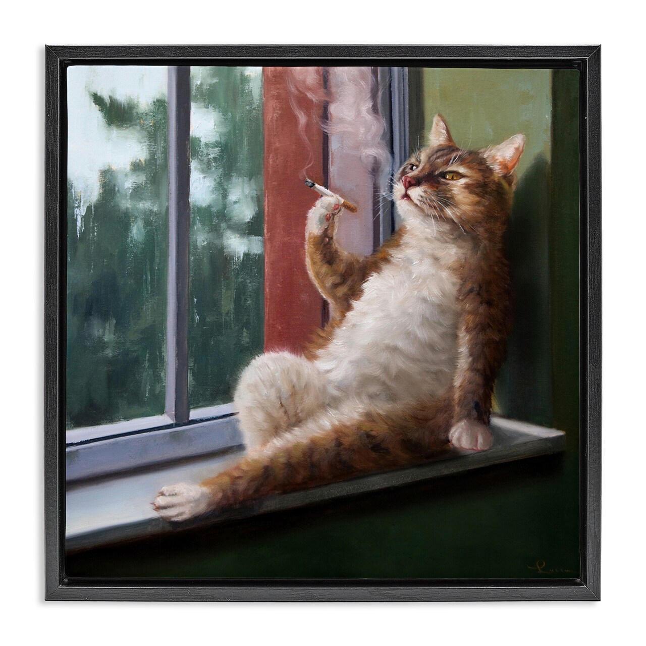 Stupell Industries Cat Smoking Lounging in Window Framed Floater Canvas Wall Art